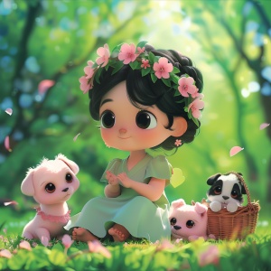 这张图片展示了一个穿着绿色裙子的卡通小女孩坐在草地上，她的头上戴着粉色的花环，耳朵上戴着粉色花朵耳饰，身边有三只小狗。具体来说，图片中间是一个穿着粉色裙子、头戴花环的卡通小女孩，她有着黑色的头发，大大的眼睛，正坐在一块绿色的草地上，右手抱着一只白色的小狗，左手放在另一只白色小狗的身上，她的腿上还有一只黑白相间的小狗。图片右上方有一个棕色篮子，里面装满了粉色的花朵，图片左下方和右下方各有一只小狗，它们都张着嘴巴，看起来非常开心。图片背景是一片模糊的绿色树木草地，阳光透过树叶洒落在地上，还有几片粉色的花瓣飘落下来。