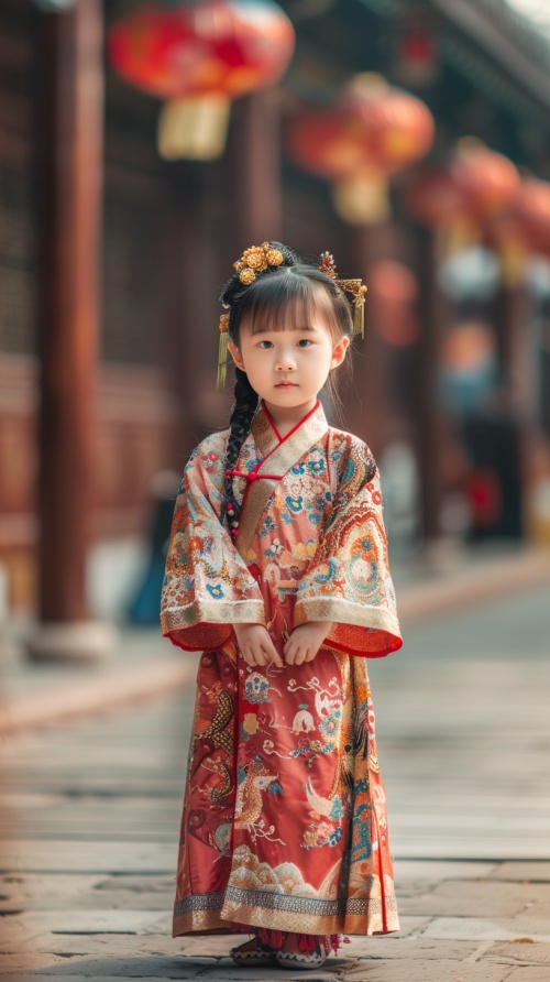 一个小女孩，穿着好看的衣服，站在大街上