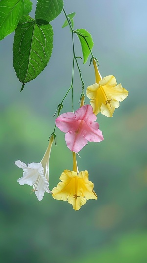 In the morning, in the valley, three different colored onicera japonica bloomed on a hanging stem, one pink, one white, and one yellow. The green leaves danced elegantly in the wind. This is a harmonious and vibrant beautiful picture, with a green background, real photos, high-definition, photos,8K,HD v 6.0 ar 9:16