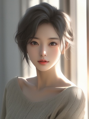 美丽的中国女孩,浅色的V领毛衣,齐肩短发,自然肤色,完美的面部细节,正面视图,阳光通过窗户洒在她美丽的身姿上,上身的前面照片,摄影风格,超真实的皮肤纹理和清晰的眼睛,高分辨率,以摄影风格。