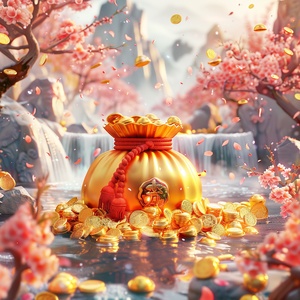 A golden lucky bag with gold coins, plum blossoms and flowing water in the background, and many small metal yellow silver ingots scattered around, creating an atmosphere of wealth and prosperity. The overall composition is symmetrical, and bright colors add to the festive atmosphere. This mobile phone wallpaper uses soft focus style and presents a high-definition front image. It uses digital rendering technology to present an anime-style design, capturing details and emphasizing highlights.