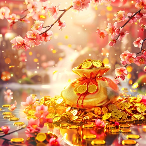 A golden lucky bag with gold coins, plum blossoms and flowing water in the background, and many small metal yellow silver ingots scattered around, creating an atmosphere of wealth and prosperity. The overall composition is symmetrical, and bright colors add to the festive atmosphere. This mobile phone wallpaper uses soft focus style and presents a high-definition front image. It uses digital rendering technology to present an anime-style design, capturing details and emphasizing highlights.