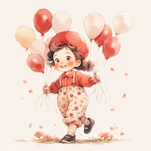 一个可爱的小女孩拿着红白相间的气球，穿着衬衫肩膀上有花卉图案的工装裤，微笑着向前走着。底色宜选用浅米色或奶油色，营造出整体温馨的氛围。具有高分辨率、高画质的特点。全身肖像