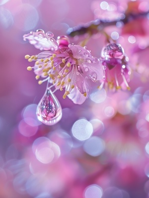 一滴晶莹的水滴，放大，水滴中映照了美丽的花朵，散发出光芒
