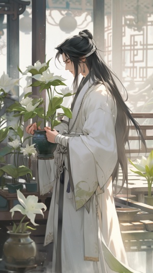 中国古代，皇宫，年轻男性，黑长发，身穿白色长袍，给花草浇水