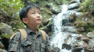 1 boy, Chinese, solo, (10yo), adventurous, determined detailed eyes, black hair, (mole under eye:0.8), casual wear, outdoor backpack, hamburger hills, high elevation, undulating terrain, fries forest, thick foliage, lush greenery, Coke stream waterfall, cascading water, crispy chicken rock formations, varied shapes, ice cream snowy mountain peaks, untouched snow, exploring, trekking boots, realistic, natural light, (cinematic composition:1.3), wide-angle lens, best quality, masterpiece1个男孩，中国人，单人，（10岁），爱冒险，