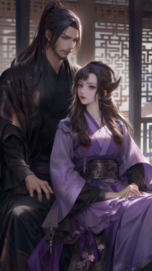 中国古代明代风格，房间内，中年夫妻，穿着深紫色的衣服，男子有淡淡的胡须，女子盘发，超高清画质，五官清晰