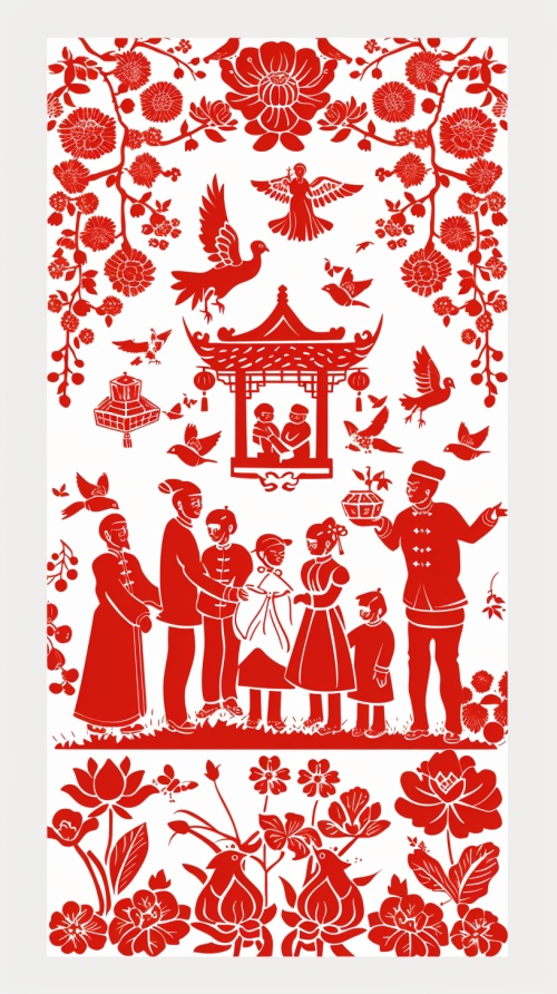 红色的，中国剪纸，关于【喜迎二十大】，平面，单层，无阴影，白色背景，元素可以有数字二十大、花朵与彩带、奋发向上的工人、农民、学生，和平鸽与祥云。