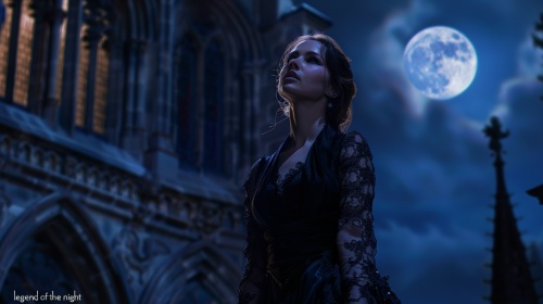 电影《黑夜传说》中的女主角凯特·贝金赛尔 午夜穿着黑色紧身衣 站在哥特式大教堂上 抬头望着天空中的月亮 美丽漂亮脸蛋 身材好 性感 全身照 写实场景 8k 细节清晰 真实的 高清 写实主义 细节 8K超