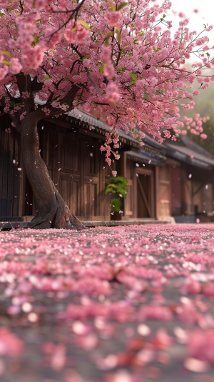 Spring blossoms, a huge peach tree, full of pink peach blossoms. Like the place in the Chinese ancient costume TV series, there is a wooden house under the peach tree, the ground is scattered with a lot of petals, high-definition shooting, fairyland v 6.0 ar 2:3