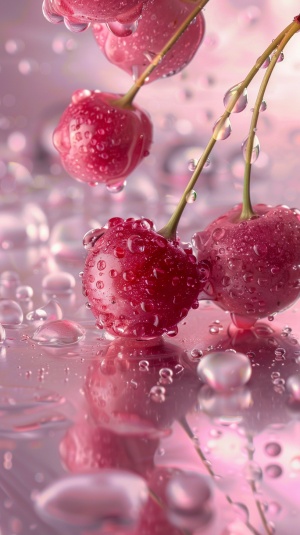 水果樱桃和水的照片，浅粉色，透明纹理，华丽的色彩，高清图