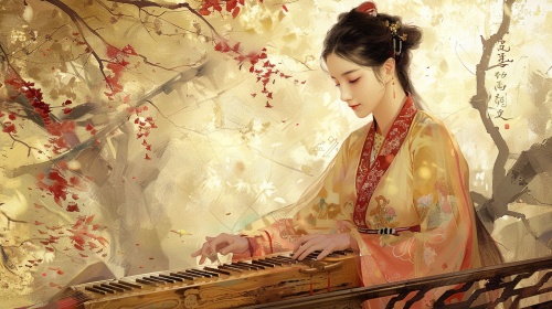 三国时期的美女，在风景优美的亭子旁，用纤纤玉手弹奏玉质筝码的古筝