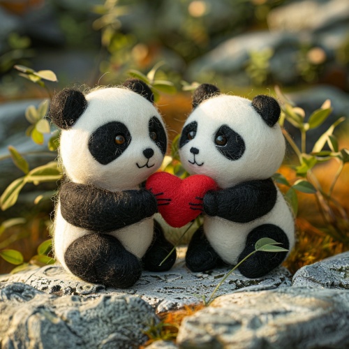 两只可爱的小熊猫手牵手,坐在地上,彼此愉快地微笑着,由毛毡材料制成,怀里抱着红色心形毛绒玩具,营造出浪漫温馨的氛围和清晰的细节。背景是模糊的绿色植物和灰色岩石。采用高清摄影风格,光线明亮,颜色自然,黑白毛衣的配色方案,表情自然。