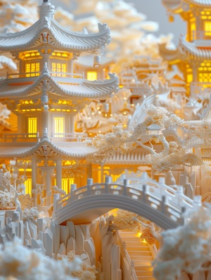 翻开的卷轴，立体的中国古典城镇建筑，黄色灯光，白色画卷，立体浮雕镂空风格，逼真细节，象牙雕刻