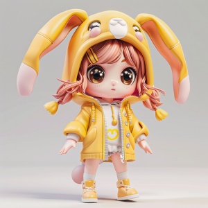 Chinese zodiac, super cute girl wearing rabbit shaped hat, tech elements, stylish clothes, super cute IP by POP MART, hbi, model, blind box toy, fine gloss, clean background, 3drender, OC rendering, best quality, 4K, super detail, front view, POP market toy, studio lighting, front view, standing pose, ar 3:4