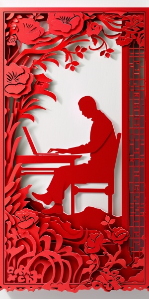单层 中国剪纸 关于男程序员在打字为主题 夸张 镂空 红色 矢量剪影