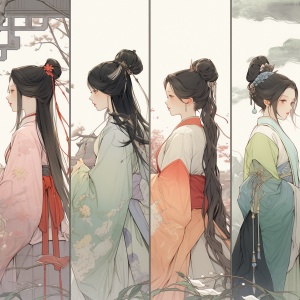 6个漂亮的古风美女，黑色长发马尾，古代女子发饰，浅色汉服，站着，聊天，微笑，看热闹的样子，古代庭院，中国古风风格，