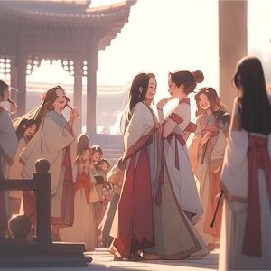 一群漂亮的女人站在庭院聊天，黑色长发马尾，浅色汉服，华丽服饰，有说有笑，古代故宫庭院，中国古风风格，