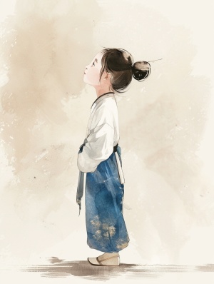 一个可爱的小中国女孩,头歪向后面,侧身站立,仰望天空的侧面,穿着蓝色裤子和白色长袖,以卡通风格,简单的背景,柔和的光线,温暖的色彩,高清。头发扎成一个优雅的发髻,中国艺术风格。