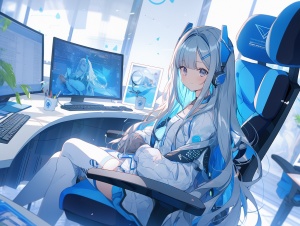 蓝白色调，浅蓝色，一个长发脖子上戴着耳机的少女坐在电竞椅上，左边有电脑，电脑炫光，背景在房间。房间里面很多玩偶。人物在右边