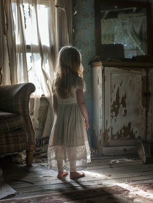 一个小女孩站在客厅里，面色沉重，客厅破旧，气氛诡异，气氛压抑，