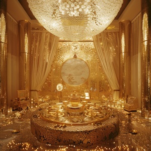 堆积如山的金币、闪耀的金首饰、华丽的黄金餐具、璀璨的黄金吊灯、增色夺目的黄金花环、镶嵌着宝石的黄金时计、装点一室的黄金框画、金光闪烁的黄金蜡烛、层层叠叠的黄金帷幕