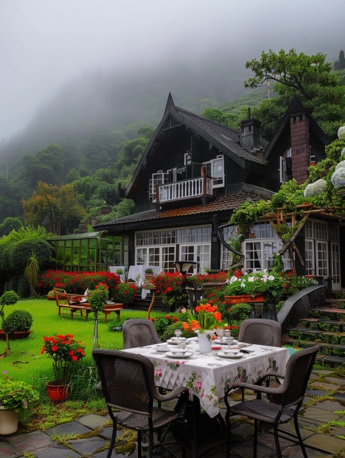山上美丽的房子，周围是绿色的草坪和鲜花，上面摆放着下午茶，桌子上摆放着蕾丝桌布和椅子，茶杯和茶托，营造出一种高端奢华的氛围。背景是薄雾笼罩在山峰上，增加了它的宏伟。这张照片是用佳能超高清相机以画家的风格拍摄的