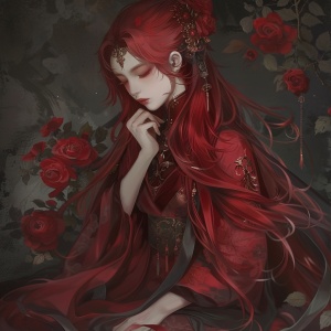 深红色的头发，坐在玫瑰摇篮中，旁边的玫瑰肆意的生长着，像一团团的烈火，坐着女生唇角微钩，眼神深邃眼角的那颗泪痣给她衬的愈发如花儿般娇美，穿着红黑色搭配的美丽裙子，像黑夜中的女王。