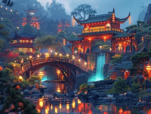 Chinese classical gardens, buildings, arch bridges, waterfalls, lights, a pond, bright colors,evening, by Hayao Miyazaki, Dan Mumford, Atey Ghailan, James Gilleard, Erin Hanson ,