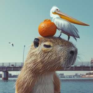 一只水豚头上顶着一个桔子被一只鹈鹕含在嘴里