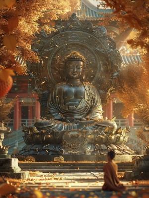 想象一个宁静的佛教圣地，中心位置有一尊庄严的大佛，高坐在一个装饰华丽的莲花座上。佛像姿态端庄，双手结成经典的冥想手印，闭目沉思，表情平和。佛像的身后有一个巨大的光圈，光圈边缘装饰着细腻的图案，仿佛在发出柔和的光芒。在佛像的前方，有一位年轻的僧人，身穿传统的僧袍，跪在地上，双手合十，头微微低垂，表现出对佛陀的虔诚和尊敬。他的姿态谦卑，仿佛在专心聆听佛陀的教诲。周围的环境是宁静的寺庙花园，有几棵古老的树木，树叶在秋天的阳光下呈现出金黄色，有些树叶轻轻地飘落在地上，形成一片柔软的落叶地毯。整个场景被一种温暖而柔和的光线所笼罩，营造出一种神圣而和平的氛围。冰雕塑刻
