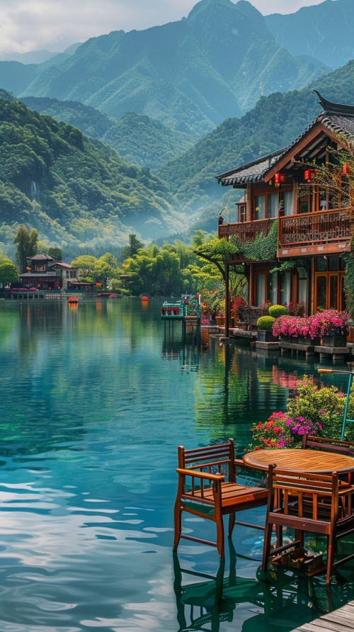 青山绿水环绕，湖边别墅，各种各样颜色不一样的鲜花，休闲桌椅，小狗狗，高清，摄影
