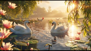 明媚的阳光，郊外美景，白天鹅在荷花池里游来游去，池边的柳枝随风摇摆，岸上的公鸡带着小鸡在觅食，一幅美好的春景图