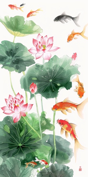 中国风格的粉红莲花、绿色荷叶与多彩金鱼
