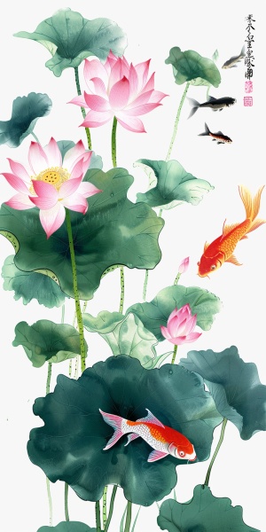 粉红色的莲花和绿色的荷叶与池中游动的金鱼的中国风格绘画。鱼的颜色各异,如红色、黄色或黑色,顶部只有一片睡莲叶子。白色背景,简单的构图,平面插图,采用中国传统水墨画风格,工笔绘图,高清、高分辨率、高质量。细节丰富,笔触细腻,纹理精致,美丽的艺术构思。