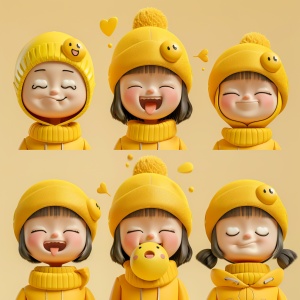 一个可爱的短发女孩，戴黄色的帽子，6个表情符号，不同的表情和姿势，开心，生气，大哭，吃东西，3D粘土