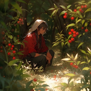 一位身穿传统汉服的青年男子，手捧着鲜红的杨梅果蹲在杨梅树林的中间，阳光透过树叶撒下斑驳的光线，男子身后是密密麻麻的杨梅树林，绿意盎然