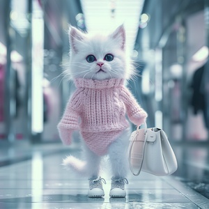 modern organic,Front view,Full Length Shot(FLS),Cold light,A white kitten, anthropomorphized, dressed in a pink sweater and white boots, with a bag slung over its arm, shopping for clothes in a mall.