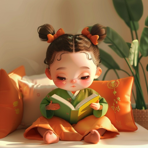 A cute little girl is reading on the sofa, wearing Hanf u and green with two buns in her hair. She has delica te features, simple lines, warm colors, soft lighting, w arm tones of orange and red, a beige background, an d a plant beside her. The artwork is in the style of Chi nese artist. chibi