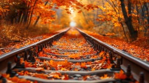 火车轨道被美丽的秋叶环绕，壮观风景令人陶醉，色调明快，呈现出黄色和橙色的风格，光线充足，墙纸般的壁纸，绚丽多彩。