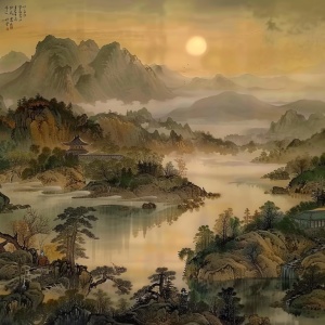 请模仿根据隋唐宋时期风格特点，创作一幅气韵生动的山水画8k