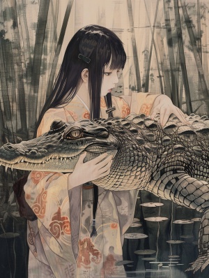 一个女孩名叫婉君，抱着一条大鳄鱼