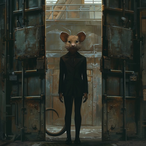 一个十五六岁的女孩，她有着老鼠的头却是人的身体，她穿着一身不合身的黑色西装，站在一个巨大的仓库门口。