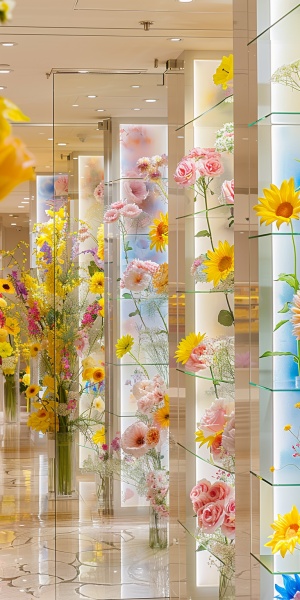 商店的入口装饰着黄色和白色的玫瑰， 粉色的向日葵以及蓝色的花瓣、绿叶和五颜六色的花卉，它们分布在三个透明的玻璃架子上。背景墙上有着浅色调和清晰的照明效果。门前有一扇敞开的门，散发出清新的花卉香味。它为来访者营造出一种温馨的气氛，让他们步入其中。装饰采用水彩风格,颜色鲜亮， 高清摄影展示超级细节和逼真的图像。高清 v 6 ar 1:2
