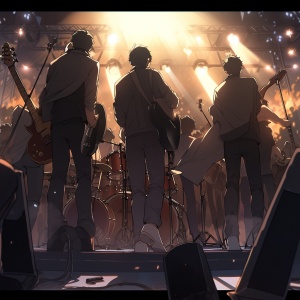 五个男生背对屏幕走向宽大的舞台，每个人身着演出服，身上背着乐器，演唱会的背景，,少年,高,骨感,短发,全身,兴奋