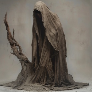 The whole picture of the clothes, the overall color of the clothes is dark brown and earthy gray interweaving, blending the texture and texture of dead wood, as if out of the waste soil. There should be a dilapidated cloak, incomplete skirt, as in the barren experience of years, show the unique decadent and tough beauty.