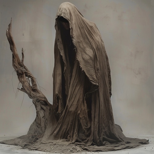 The whole picture of the clothes, the overall color of the clothes is dark brown and earthy gray interweaving, blending the texture and texture of dead wood, as if out of the waste soil. There should be a dilapidated cloak, incomplete skirt, as in the barren experience of years, show the unique decadent and tough beauty.