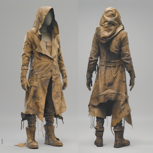 Full body model picture, mainly to the front, the overall tone is yellow-brown, showing a sense of dilapidation. The garment should be decorated with dead wood grain, as if integrated with the waste soil environment, and the layout is loose and old, with some wear and tear elements, designed as a trench coat.
