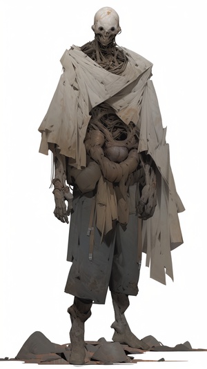 Full body model drawing, mainly positive model, with dark gray and khaki colors, with a pattern similar to dead wood grain on the clothes, with a worn texture and tear effect, reflecting the barren and tough world of wasteland, the shape should be loose and with some irregular wrinkles, adding some rusty metal decorative accessories to embellish.