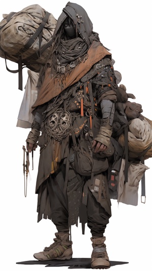 Full body model drawing, mainly positive model, with dark gray and khaki colors, with a pattern similar to dead wood grain on the clothes, with a worn texture and tear effect, reflecting the barren and tough world of wasteland, the shape should be loose and with some irregular wrinkles, adding some rusty metal decorative accessories to embellish.